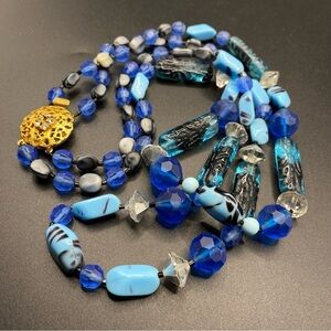 Vintage Glass Beads Double Strand Blues With Gold Tone Slider Clasp